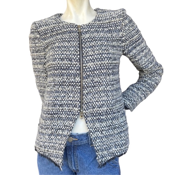 Barneys New York Blue, Black and White Tweed Zip Up Modest Jacket IT 38 US Small - Picture 1 of 12